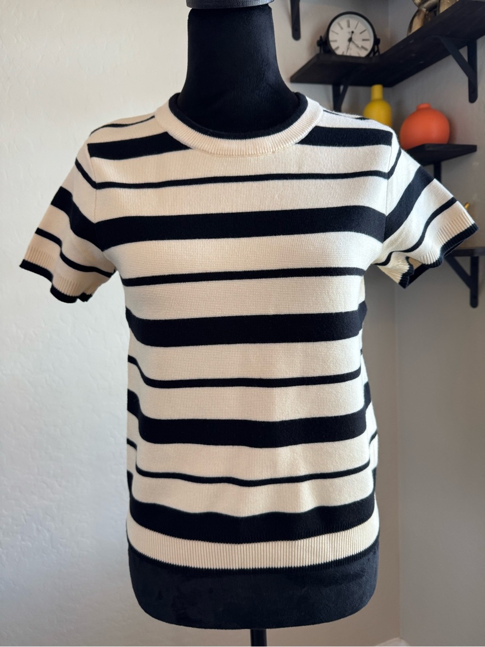 Striped Crewneck Short-Sleeve Sweater in Black & White